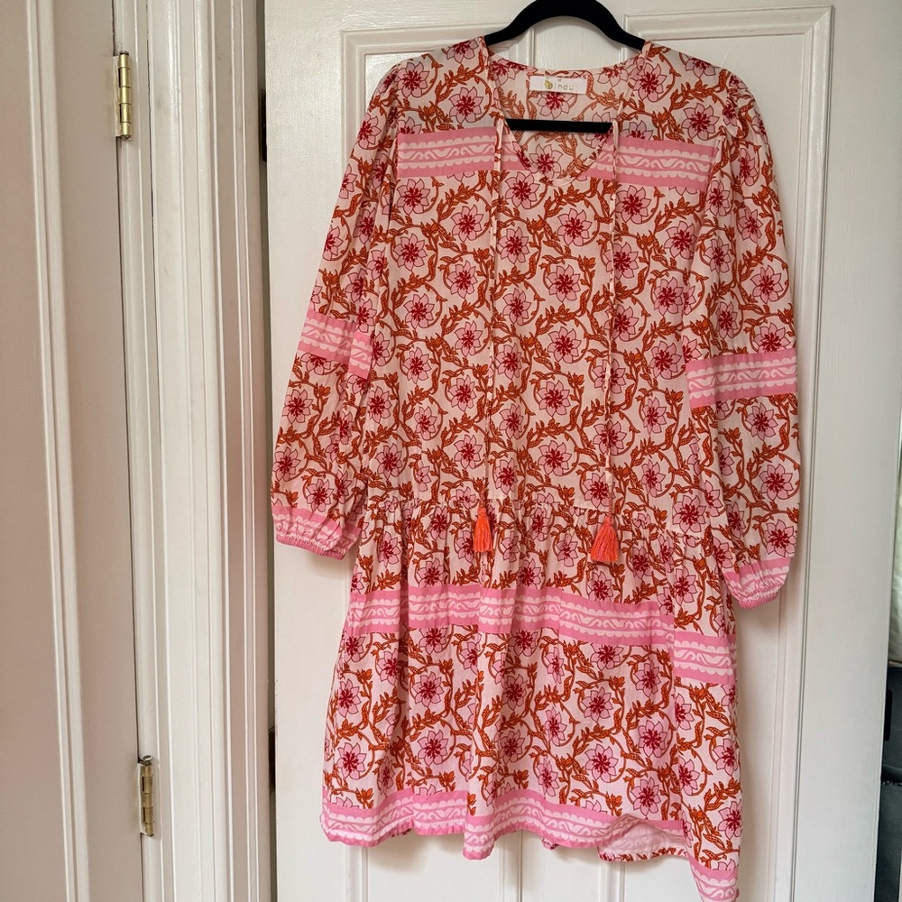 Bindu XS Long Sleeve V-Neck Floral Pink and Orange Midi Dress